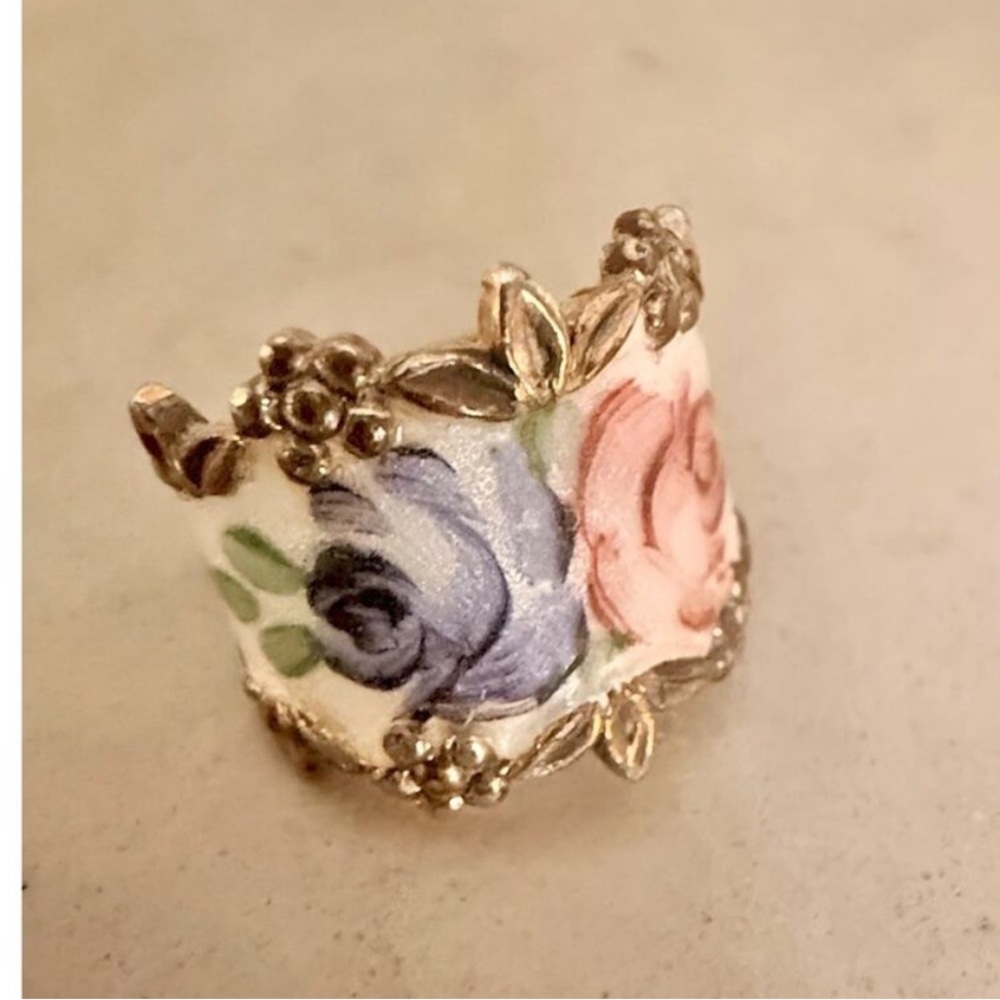 Esposito Vintage Ring Vargas 18k Gold Plated Guilloché Enamel Floral Band 6